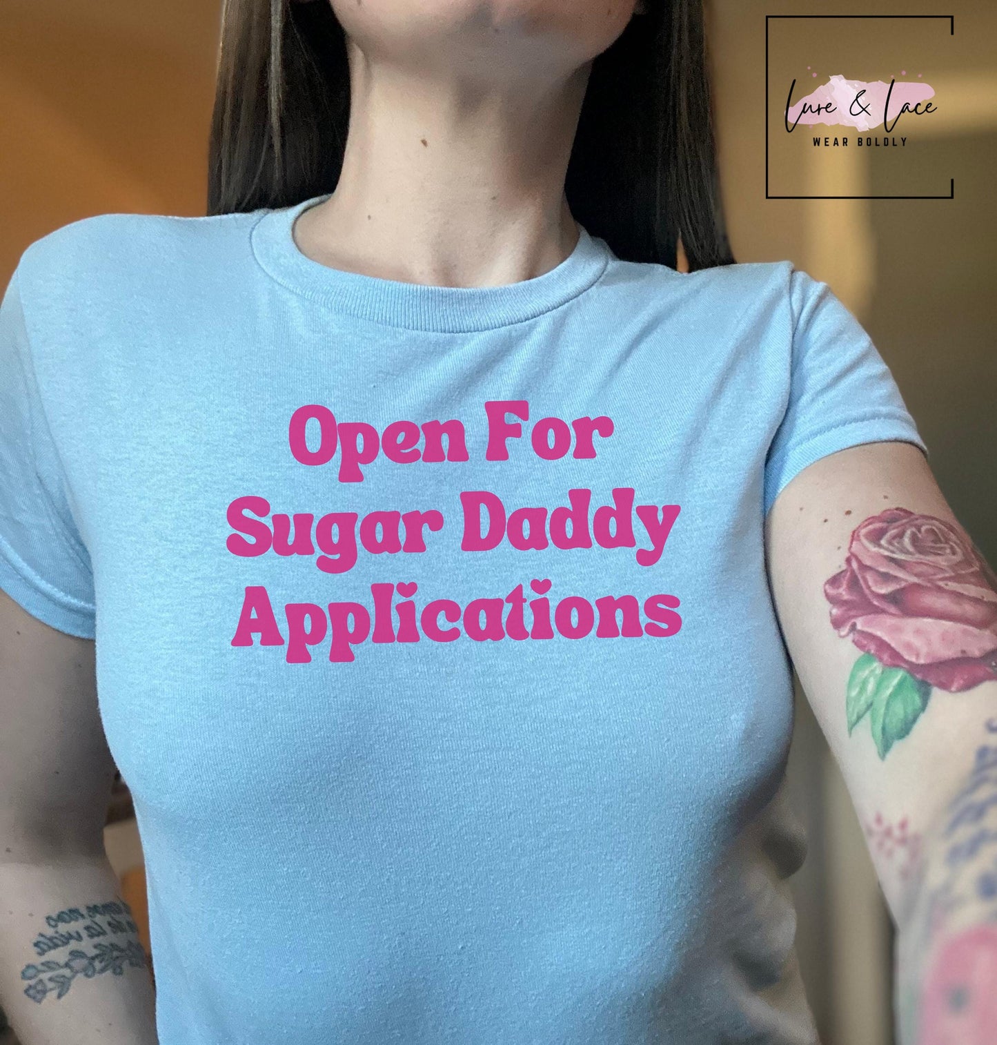 Open for sugar daddy applications Tshirt Sexy Y2K Cute baby Tee, aesthetic Gift idea for her, Naughty funny couple shirt date night idea