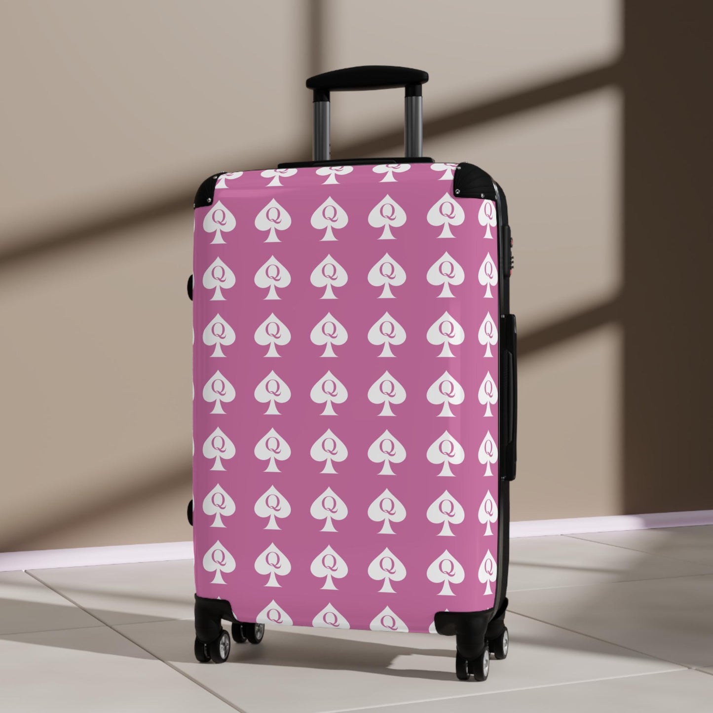 Queen of Spades pink Spinner Suitcase | QOS Lifestyle Luggage, Hotwife Travel, Kinky Swinger cruise Luggage, BBC Pineapple Vacation Bag BDSM