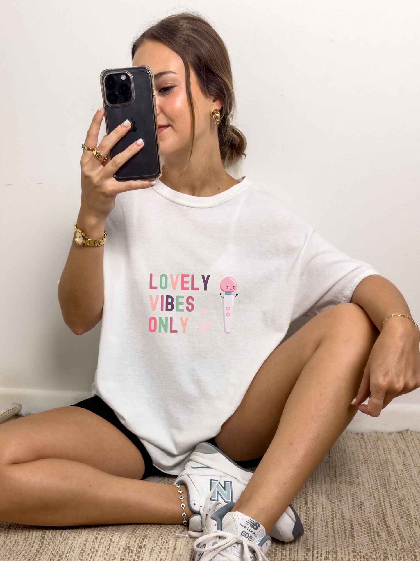 Funny Vibrator T-shirt Lovely Vibes Only, Naughty Adult Humor Tee, Dildo Shirt for Sexy Bachelorette Gag Gift & Vibrator Lovers