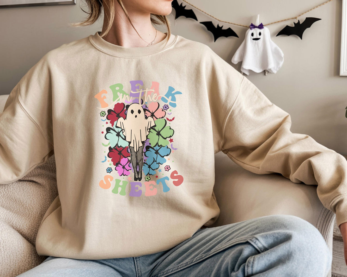 Freak In The Sheets Halloween Sweatshirt Cute Girl Ghost, Sexy Sweater Funny Spooky Ghosts