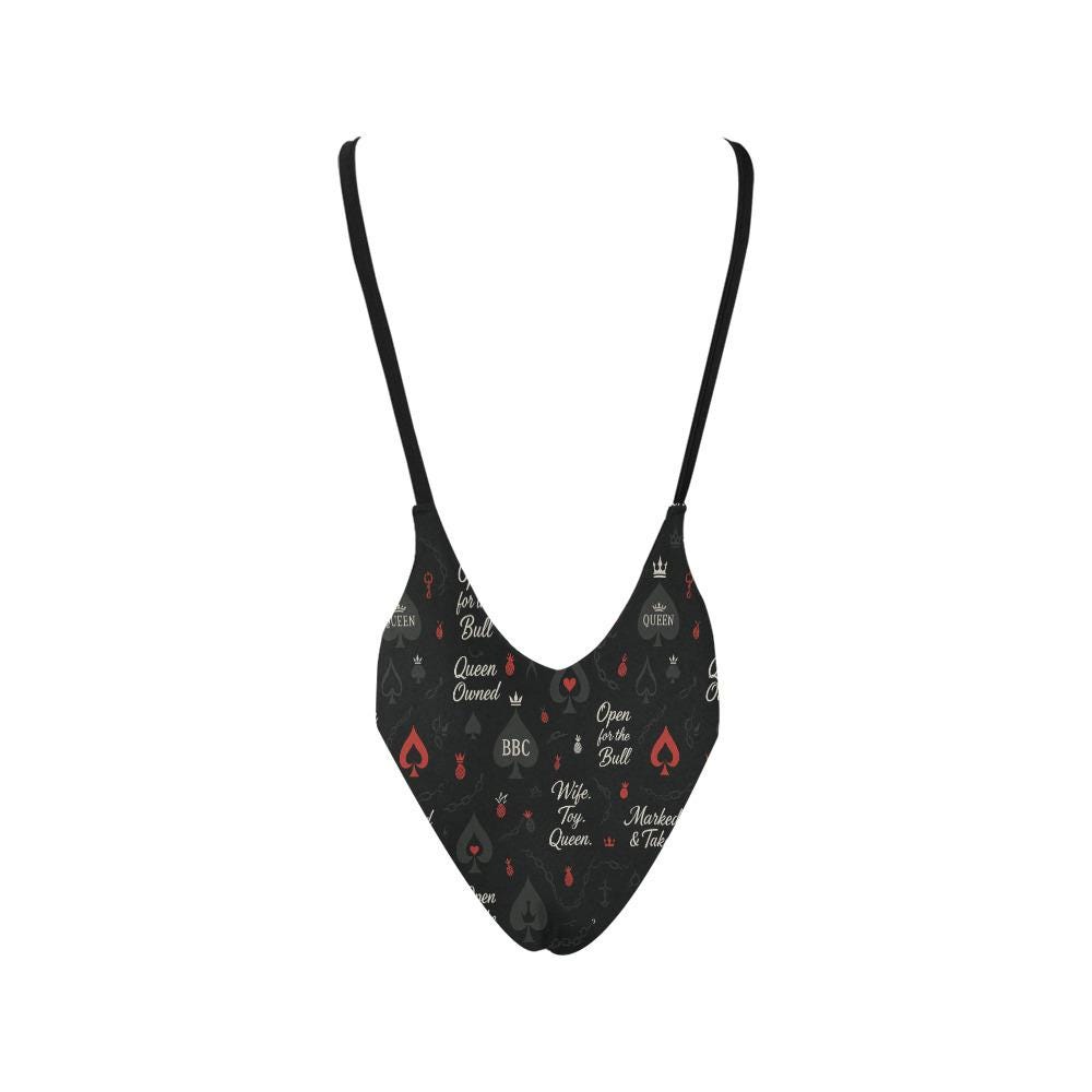 Queen of Spades One-Piece Halter Straps Backless Swimsuit| QOS Hotwife Bathing Suit, Sexy Pool Wear BBC Wife, Swinger Pineapple Swimwear