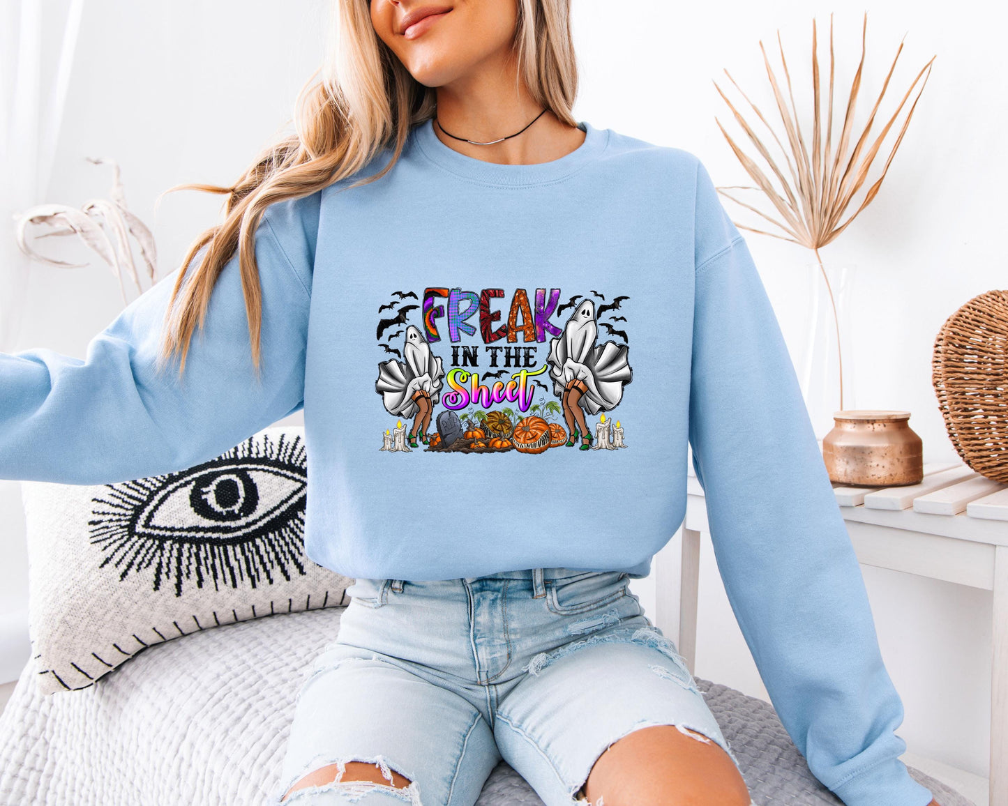 Retro Freak in the sheets Halloween Sweatshirt, Sexy Sweater Funny Spooky Ghosts