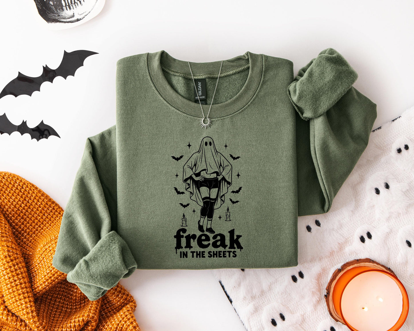 Freak In the Sheets Halloween Sweatshirt, Sexy Sweater Funny Spooky Ghosts
