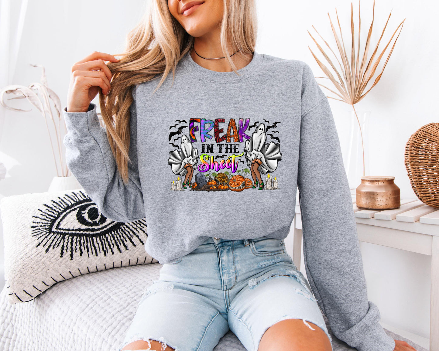 Retro Freak in the sheets Halloween Sweatshirt, Sexy Sweater Funny Spooky Ghosts