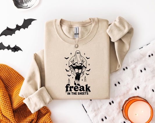 Freak In the Sheets Halloween Sweatshirt, Sexy Sweater Funny Spooky Ghosts