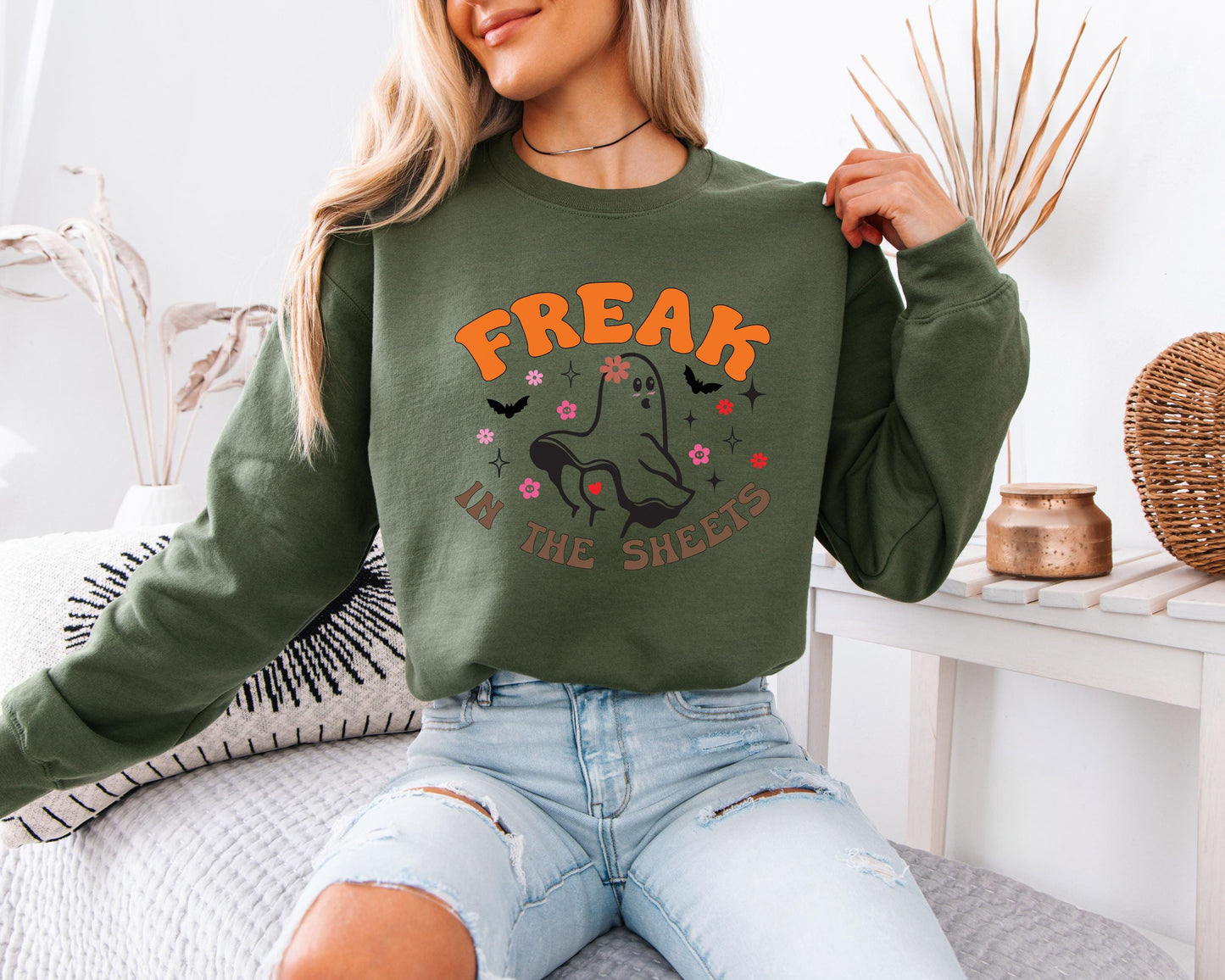 Cute Freak in the sheets Halloween Sweatshirt, Sexy Sweater Funny Spooky Ghosts