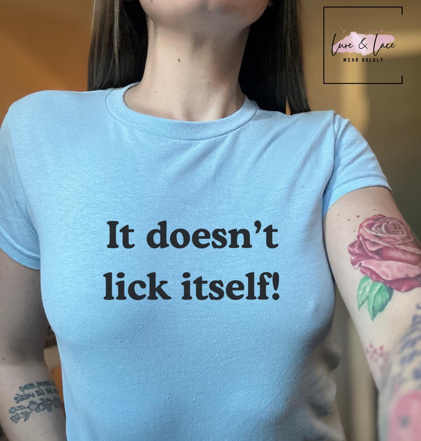 It doesn't lick itself Y2K Sexy Cute Baby Tee Crop Top, Date Night Naughty Apparel