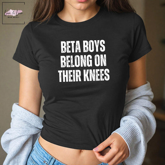 Beta Boys Belong on Their Knees Y2K Sexy Cute Baby Tee Crop Top, Femdom Queen of Spades