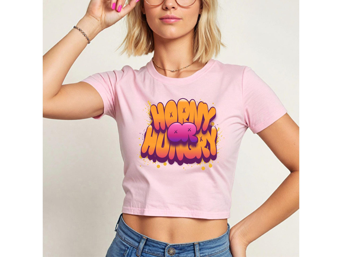 Horny or hungry Sexy Baby Tee, y2k aesthetic crop top, gag gift for girlfriend, Wife, hotwife, Bold & Playful Graphic, gag gift for her