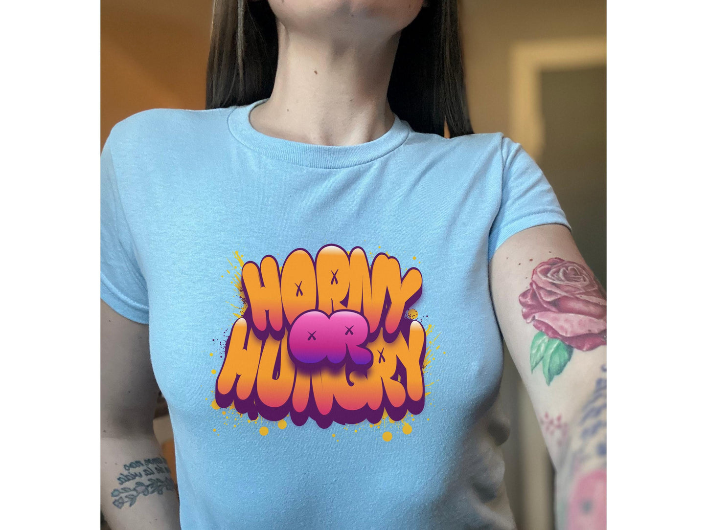 Horny or hungry Sexy Baby Tee, y2k aesthetic crop top, gag gift for girlfriend, Wife, hotwife, Bold & Playful Graphic, gag gift for her
