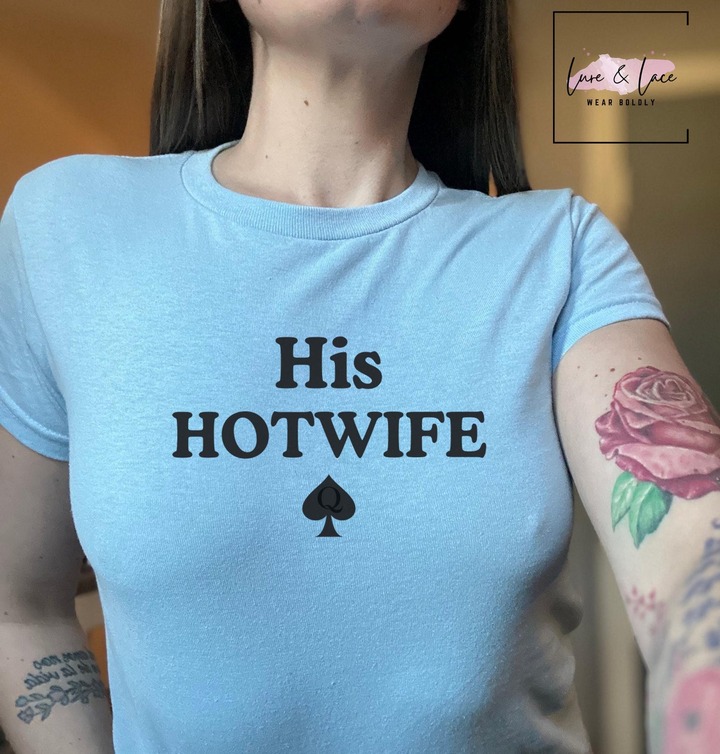 His HOTWIFE Y2K Sexy Cute Baby Tee QOS Crop Top, Naughty Apparel Queen of Spades Swinger