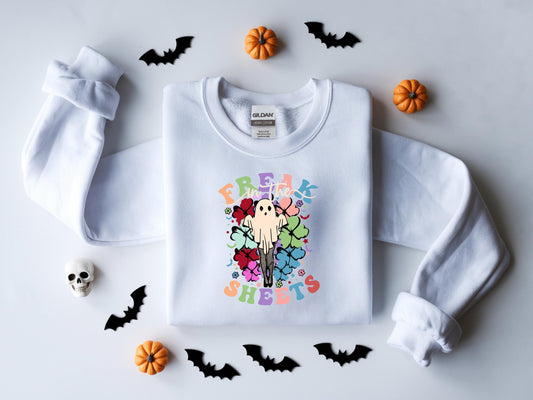 Freak In The Sheets Halloween Sweatshirt, Retro Sexy Sweater Funny Spooky Ghosts