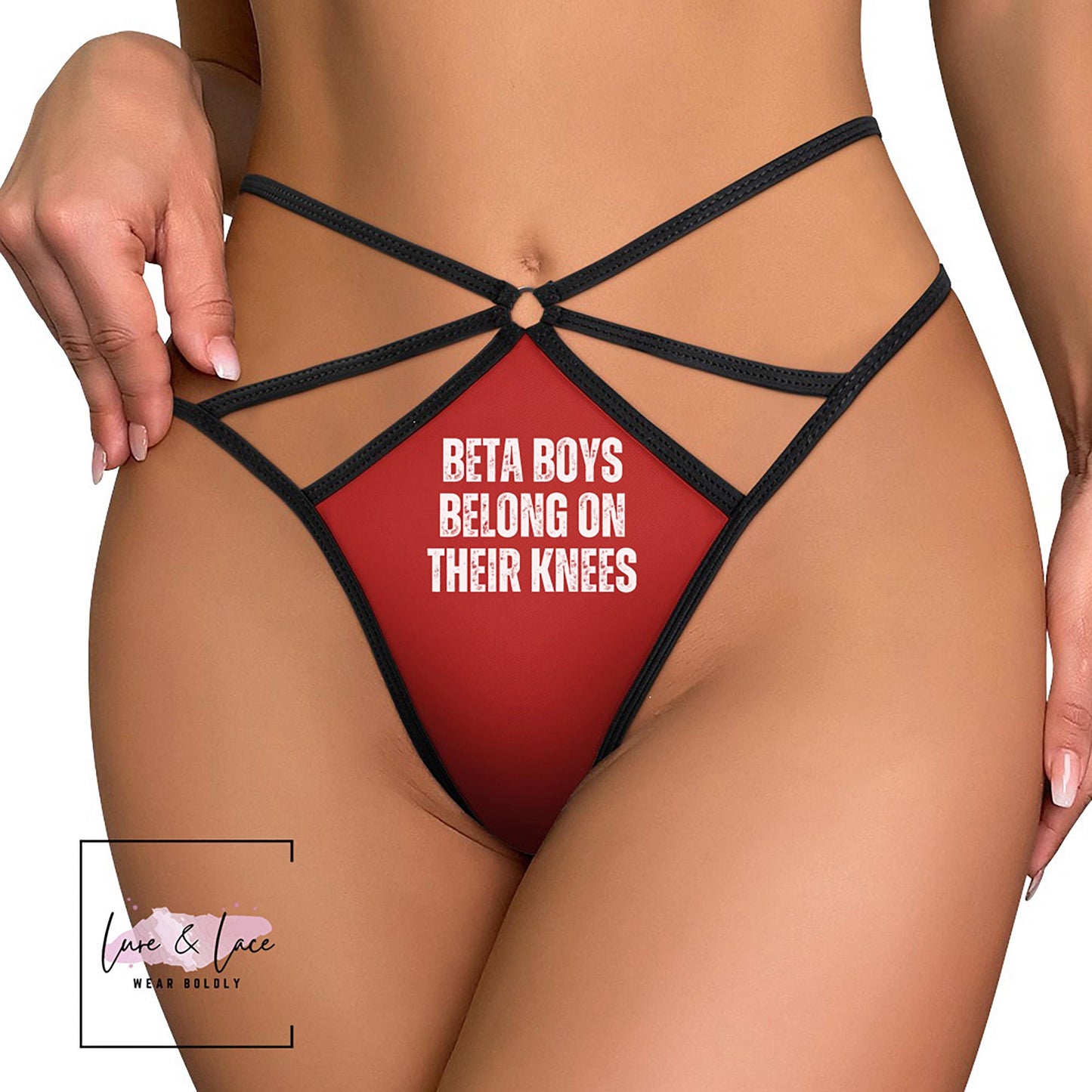 BETA Boys Belong ON THEIR Knees Sexy Strappy Thong, Domme G-String, Naughty Lingerie Panties, Hotwife Lifestyle, Queen of Spades
